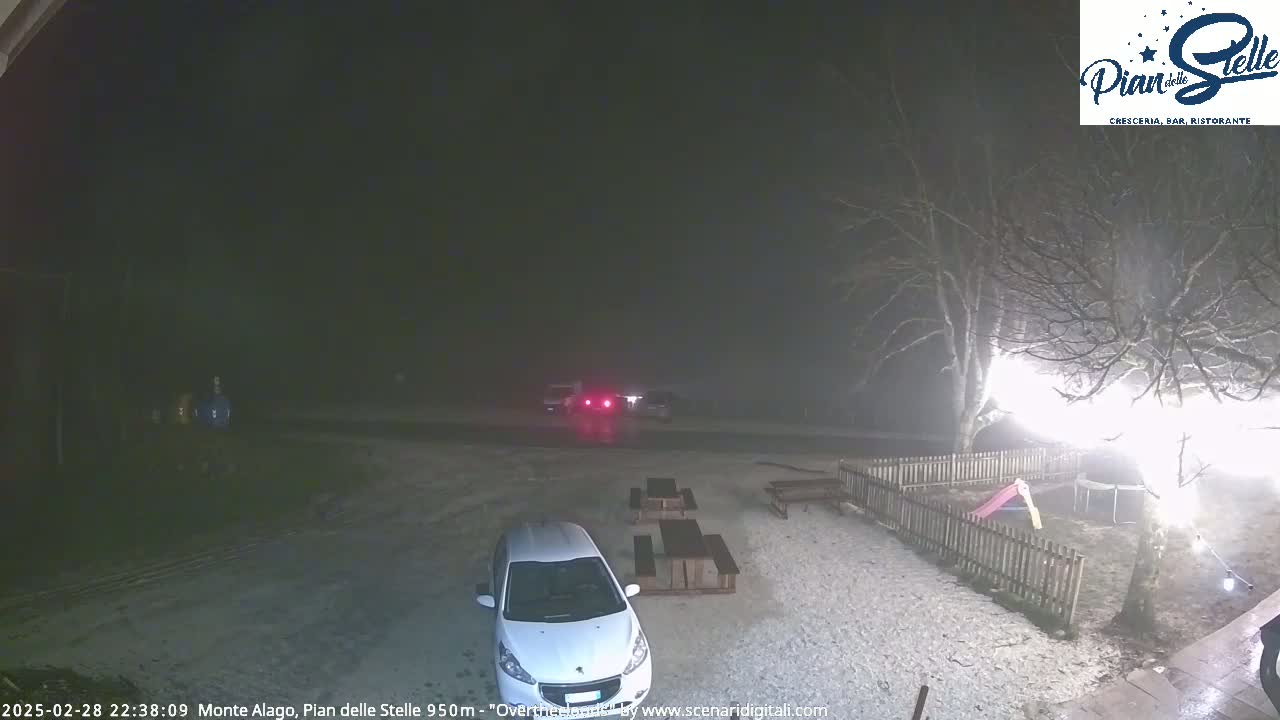 A snow-covered parking lot at night with a white car, some outdoor furniture, and bare trees illuminated by lights.
