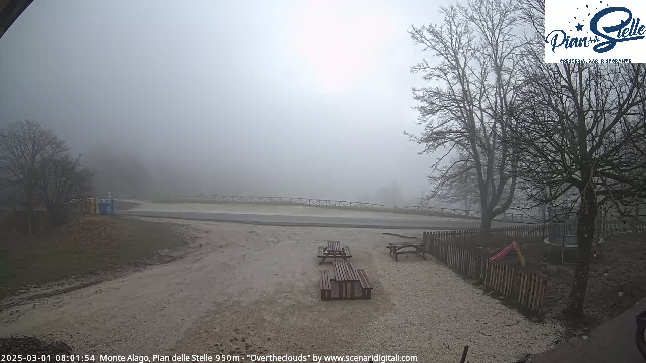 A foggy, outdoor scene shows a paved road, picnic tables, bare trees, and a small playground.