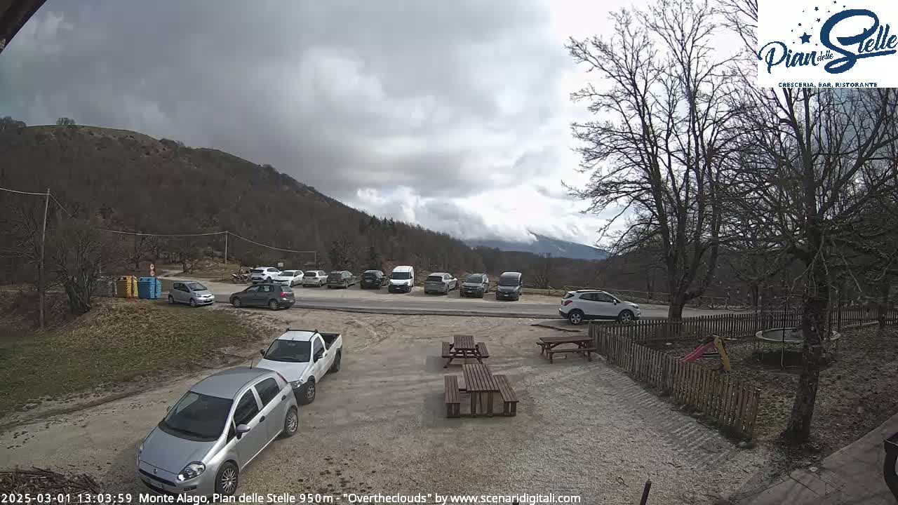 A parking lot with several cars, picnic tables, and a playground is situated in front of a mountain with overcast skies.