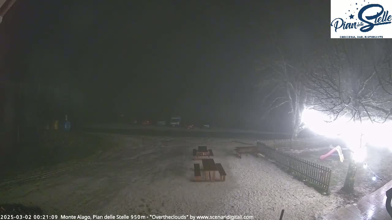 A snow-covered outdoor area at night, featuring picnic tables and a playground, is dimly lit under an overcast sky.