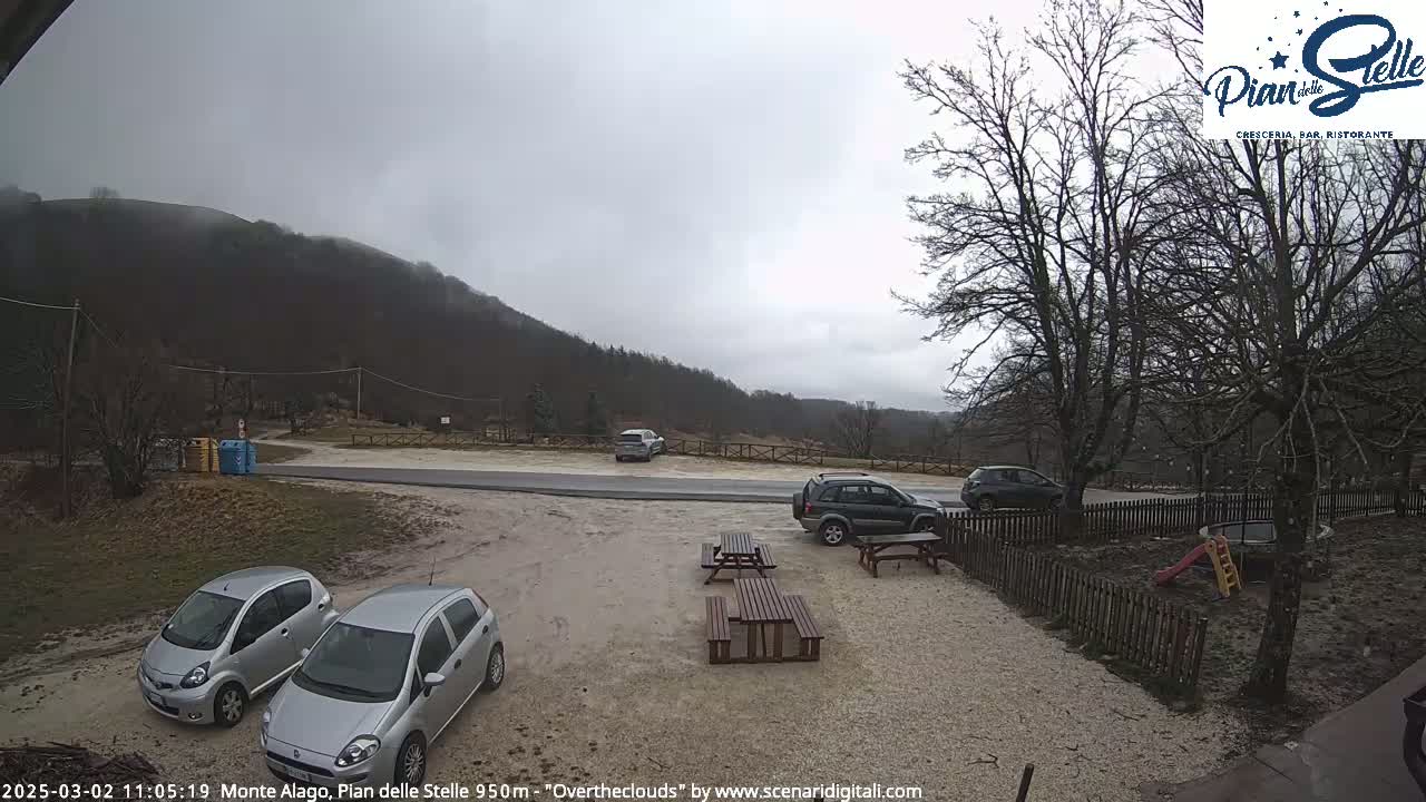 A parking lot with several cars, picnic tables, and bare trees is situated in front of a hill shrouded in an overcast sky.