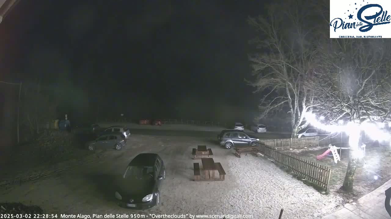 A nighttime, snow-covered parking lot with several cars, picnic tables, and a playground is partially illuminated by string lights.