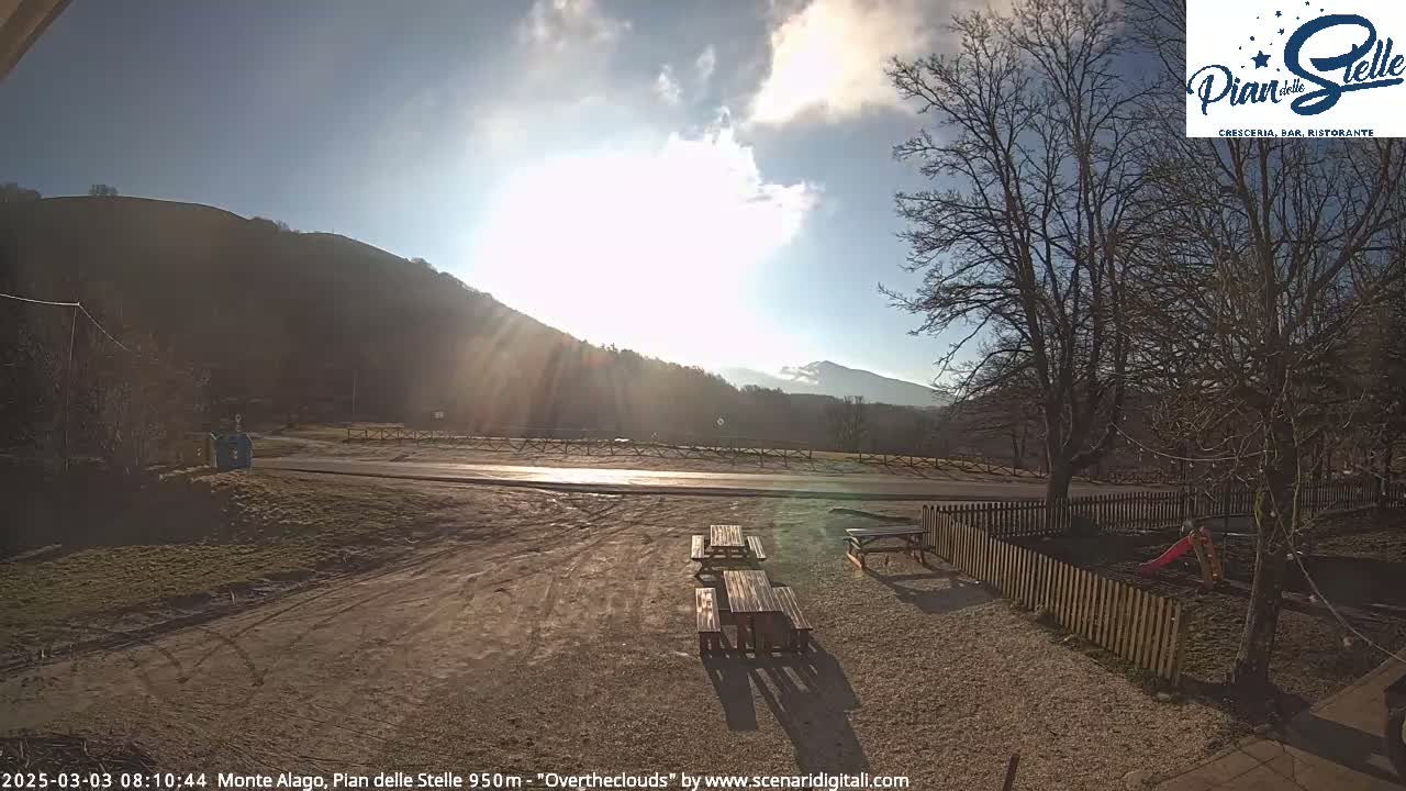 A sunny day with some clouds over a mountainous landscape, viewed from a gravel area with picnic tables and a small playground enclosed by a fence.