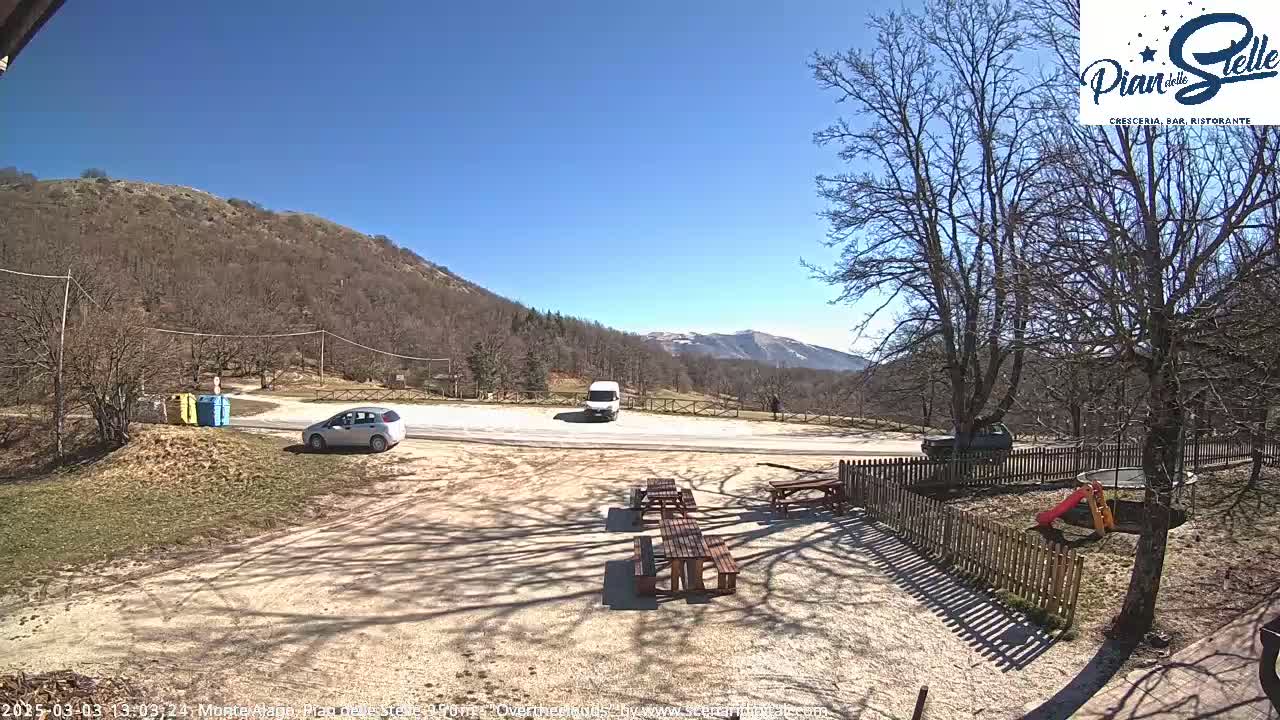 A sunny day reveals a parking lot with a few cars, picnic tables, and a playground next to a wooded hillside under a clear blue sky.