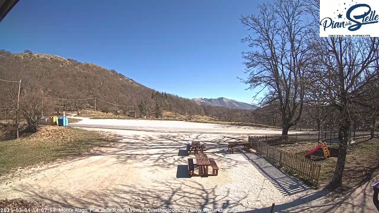 A sunny day reveals a gravel parking lot with picnic tables near a small playground and a wooded hillside in the background.