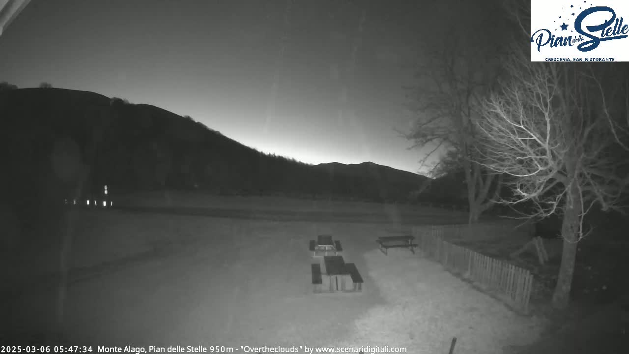 A nighttime, overcast scene shows several empty picnic tables in a gravel area, bordered by a fence and bare trees, with dark mountains in the background.