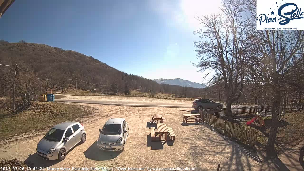 A sunny, overhead-cloudy day shows a parking area with two cars and several picnic tables, situated near a wooden fence and overlooking a mountainous landscape with bare trees.