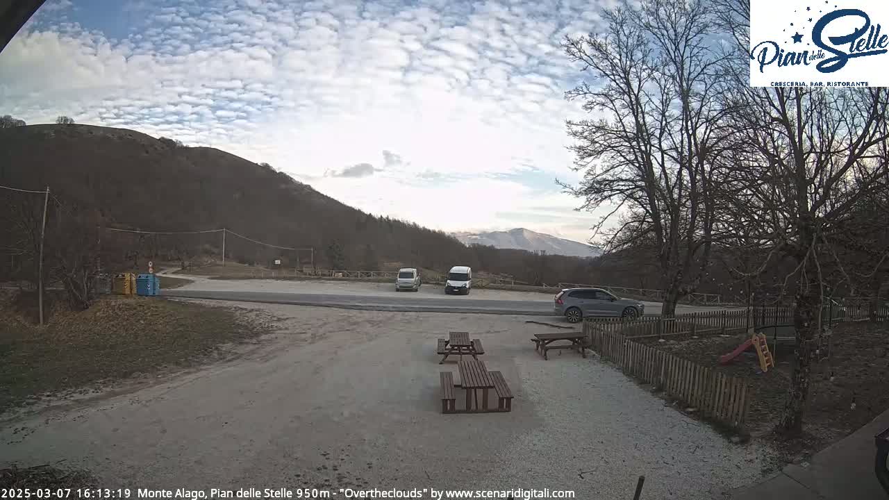 A parking lot with a few vehicles is situated in front of a mountainous landscape under a partly cloudy sky.