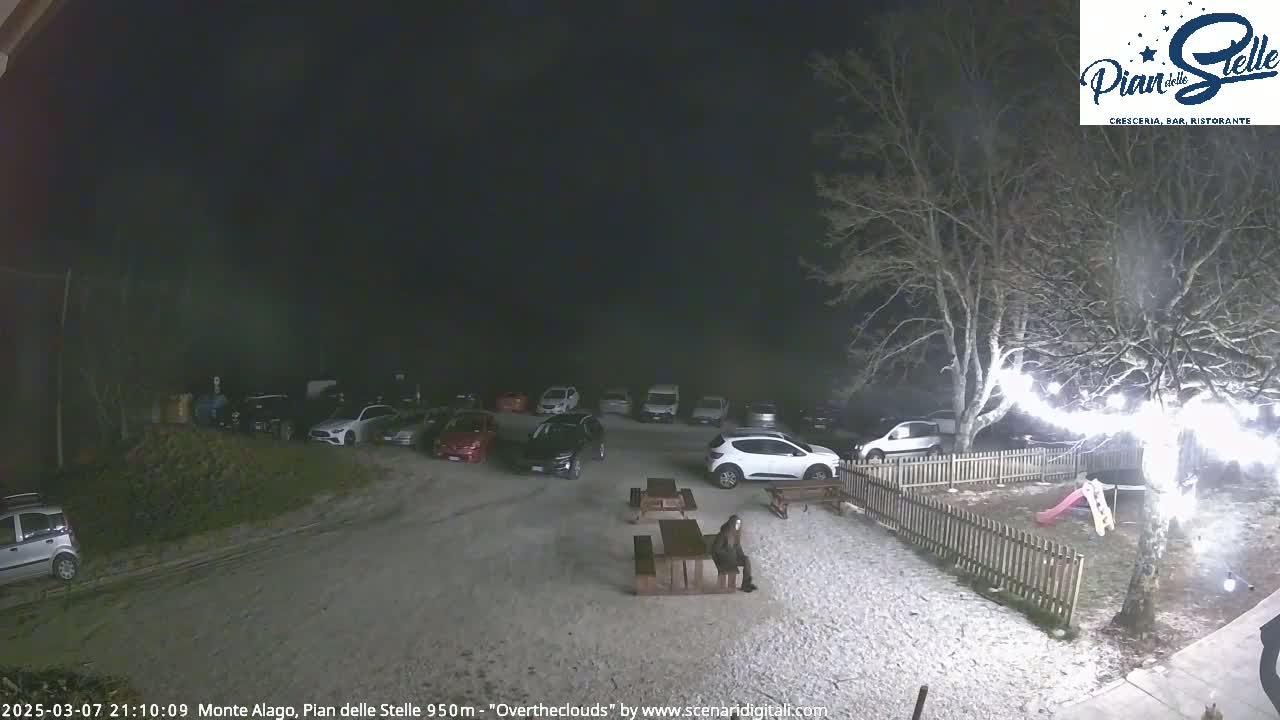 A nighttime scene shows a snow-covered parking lot with several cars parked, picnic tables, a tree with string lights, and a person sitting at one of the tables under an overcast sky.