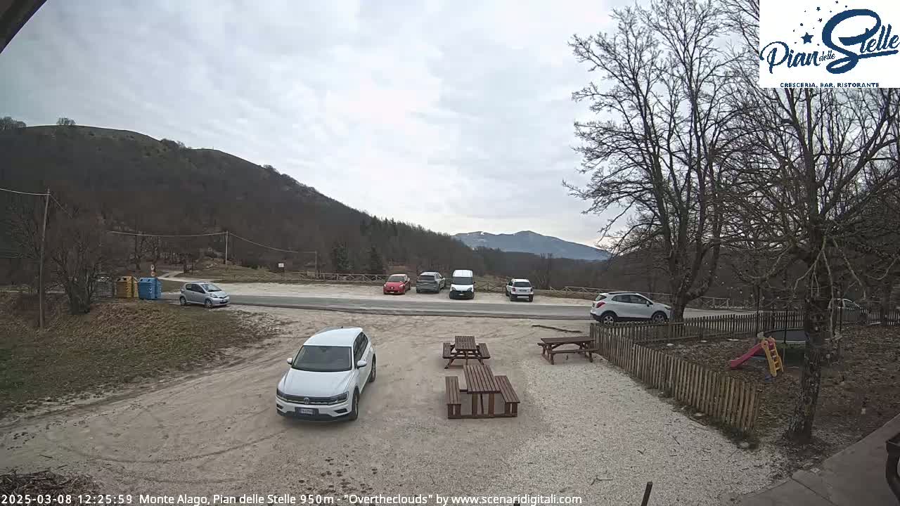 A parking lot with several cars and picnic tables is situated in front of a mountain range under an overcast sky.