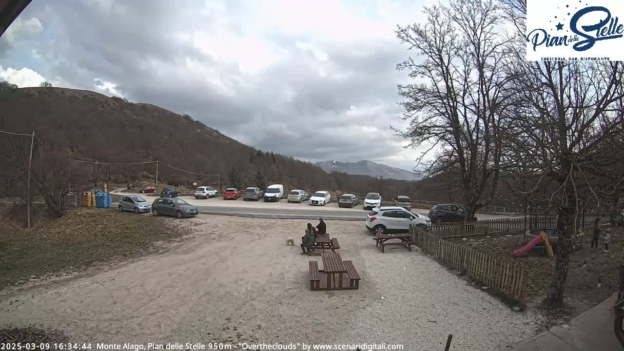 A parking lot with several cars is situated near a mountain under an overcast sky, and people are sitting at picnic tables nearby.
