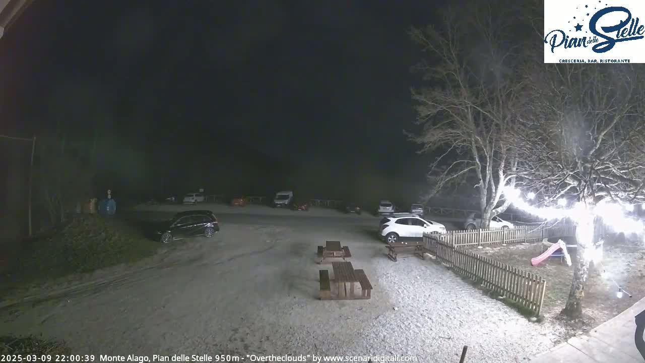 A snow-covered parking lot with several cars and outdoor picnic tables is visible at night under an overcast sky.
