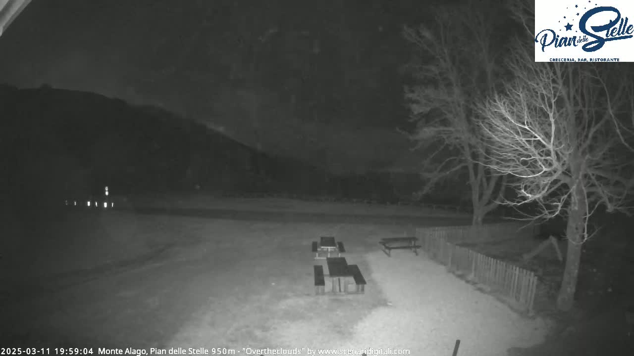 A nighttime, low-light view of an empty picnic area with several tables and benches, situated near bare trees and a distant hill under an overcast sky.