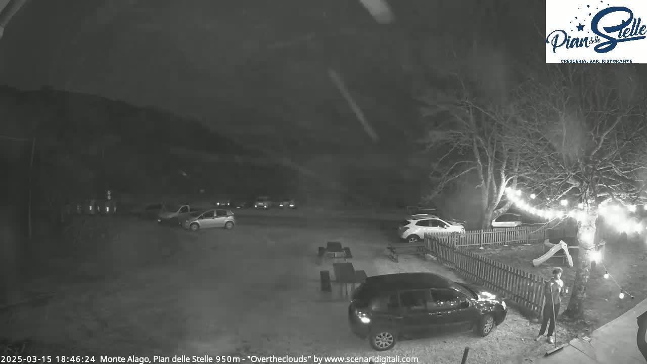 A nighttime, overcast scene shows a parking area with several cars, a small yard with string lights and a person standing near a tree, and a dark-colored SUV parked in a driveway.