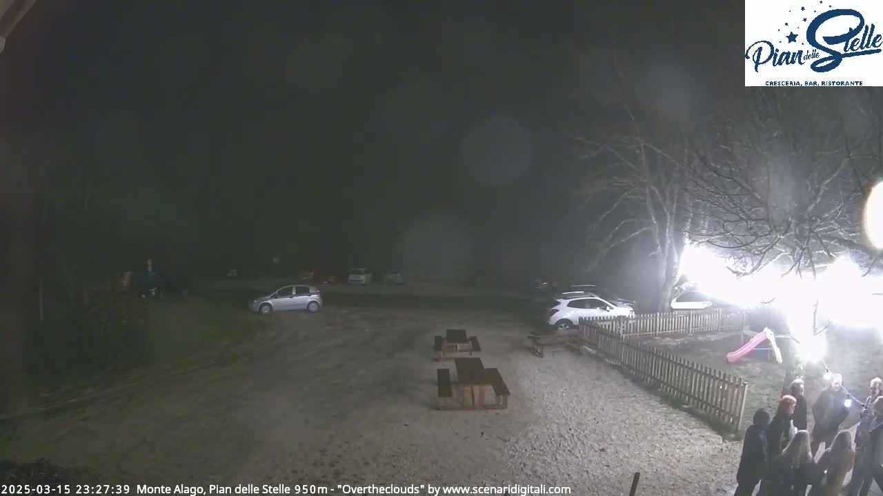 A nighttime scene of a snow-covered parking lot with several cars, picnic tables, and a group of people near a fence, under an overcast sky.