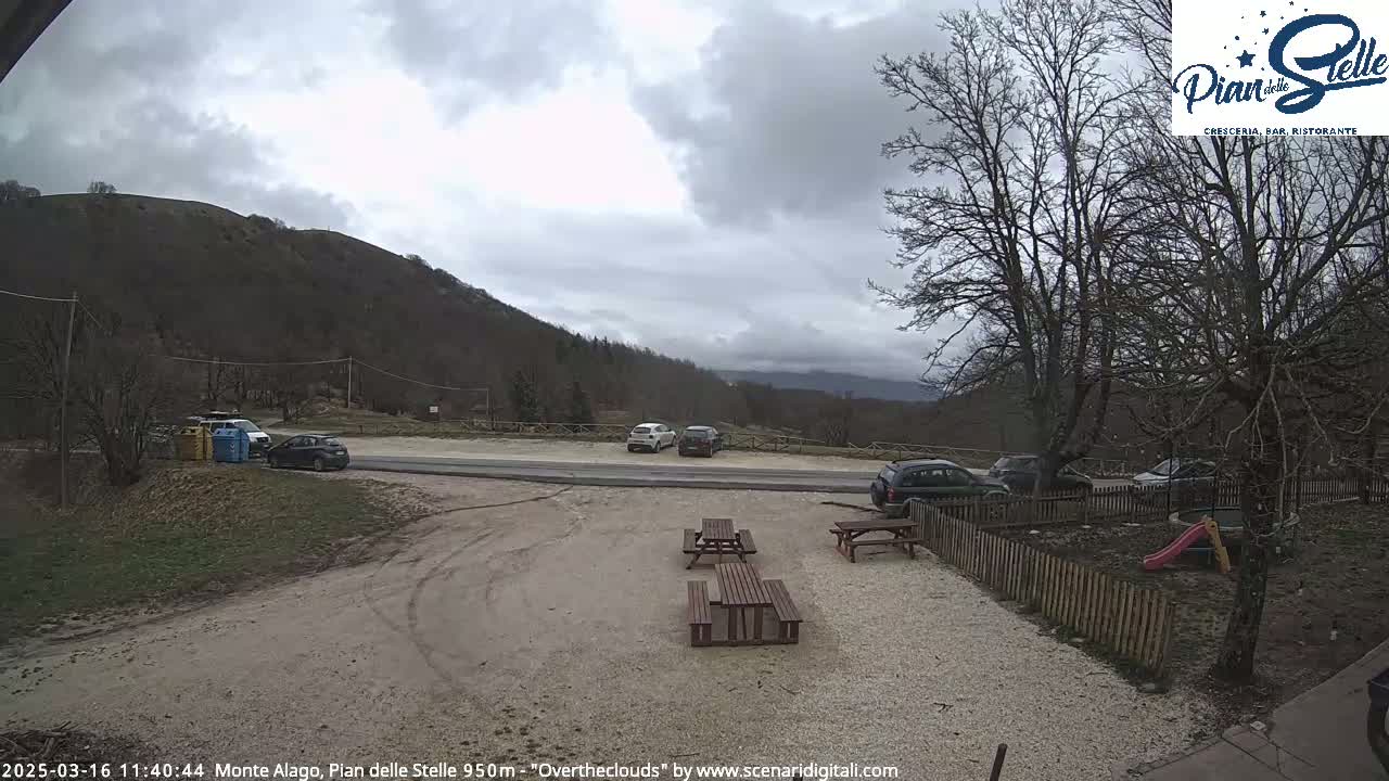 A parking lot with several cars, picnic tables, and a small playground is situated in front of a hill covered in bare trees under an overcast sky.