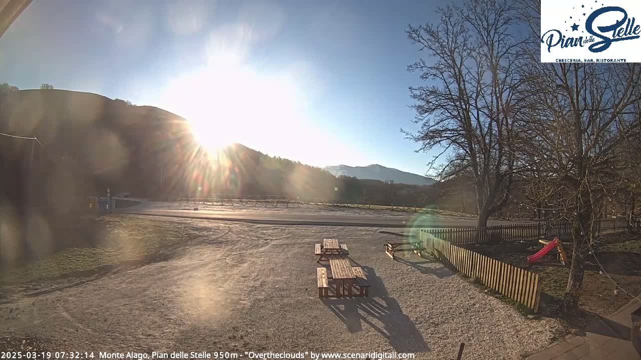 A sunny day reveals a gravel area with picnic tables, a small playground, and a wooden fence, all set against a backdrop of mountains and leafless trees.
