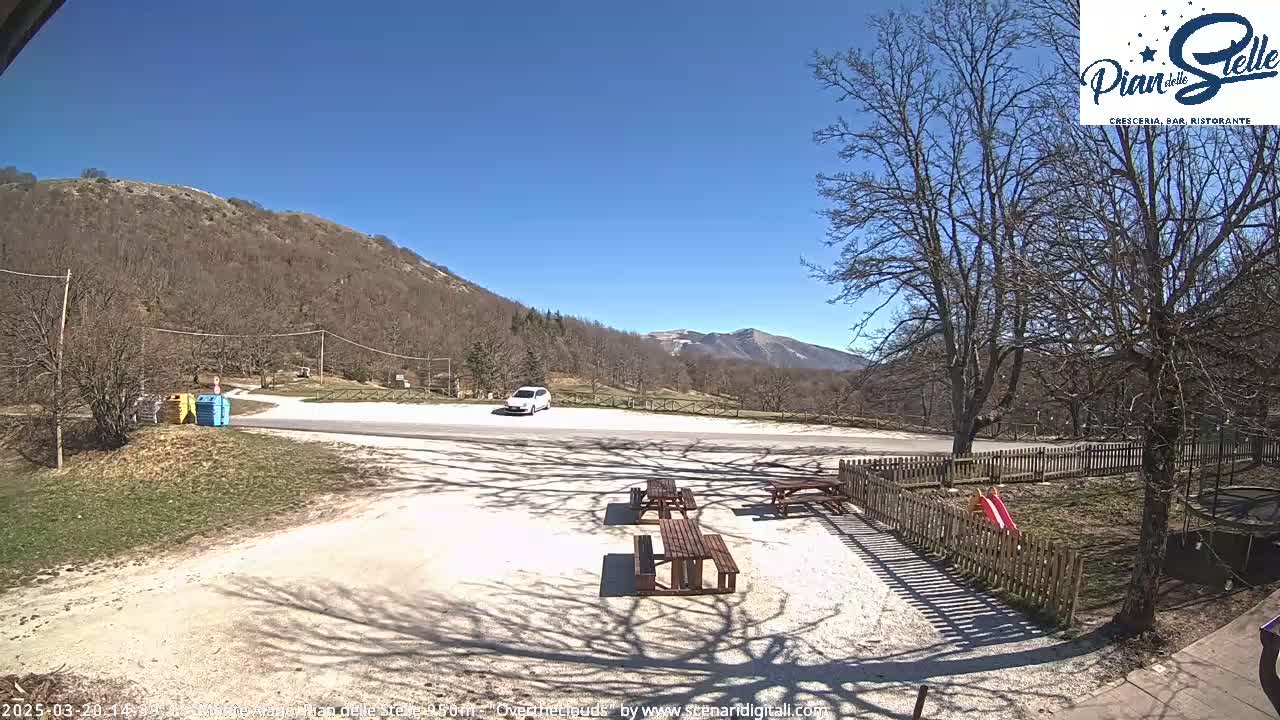 A sunny day reveals a parking area with picnic tables, a white car, and a small playground, all nestled against a backdrop of a sparsely wooded mountainside.