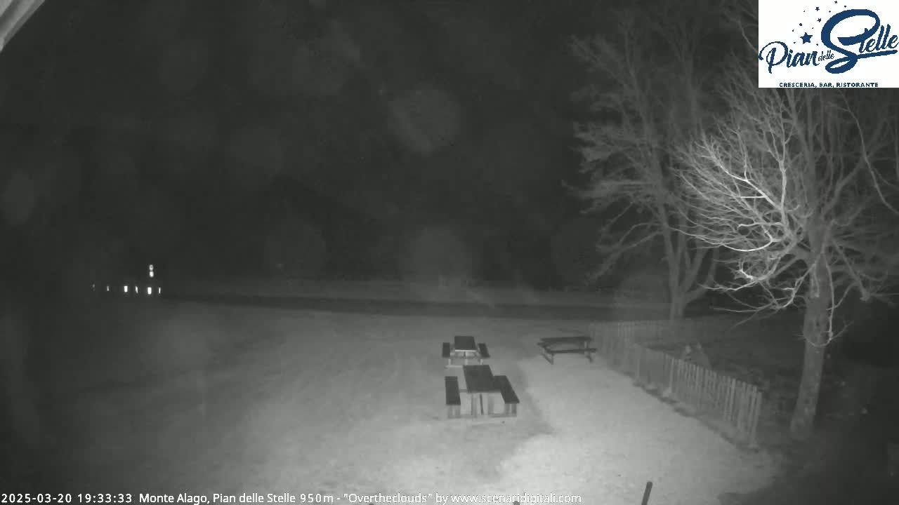 A nighttime, snow-covered outdoor area with several picnic tables under an overcast sky.