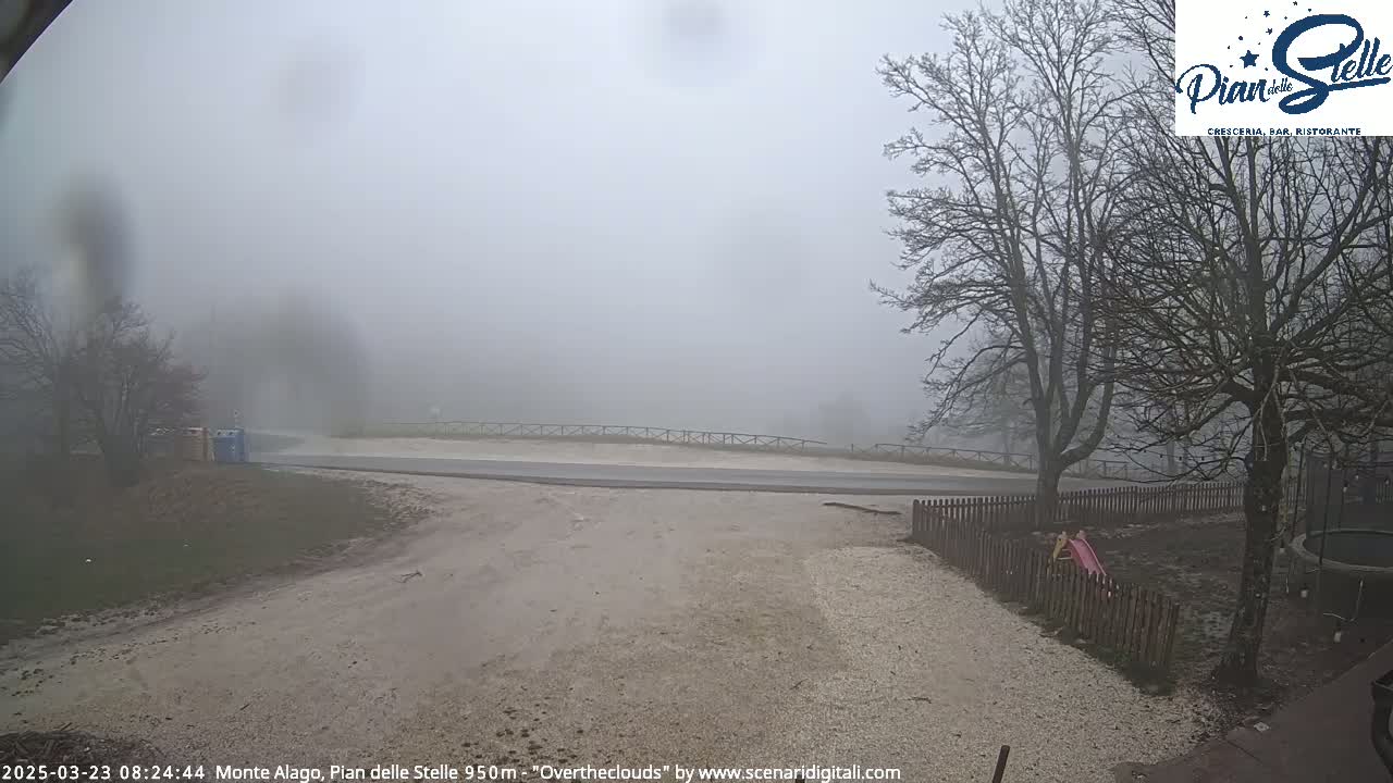 A foggy road leads to a fence and bare trees in a gravel area, with a children's slide visible.