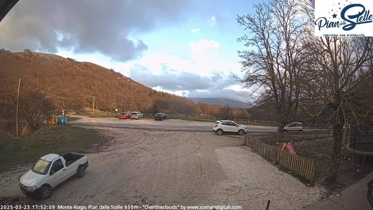 A mostly cloudy afternoon scene shows a gravel parking lot with several cars parked, a pickup truck, and a small playground behind a wooden fence, all situated in front of a barren hillside.