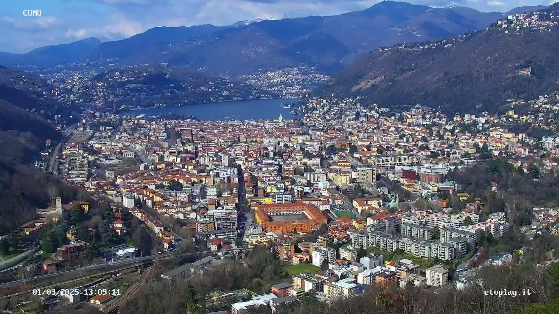 A sprawling city nestled between mountains and a lake under a mostly sunny sky.