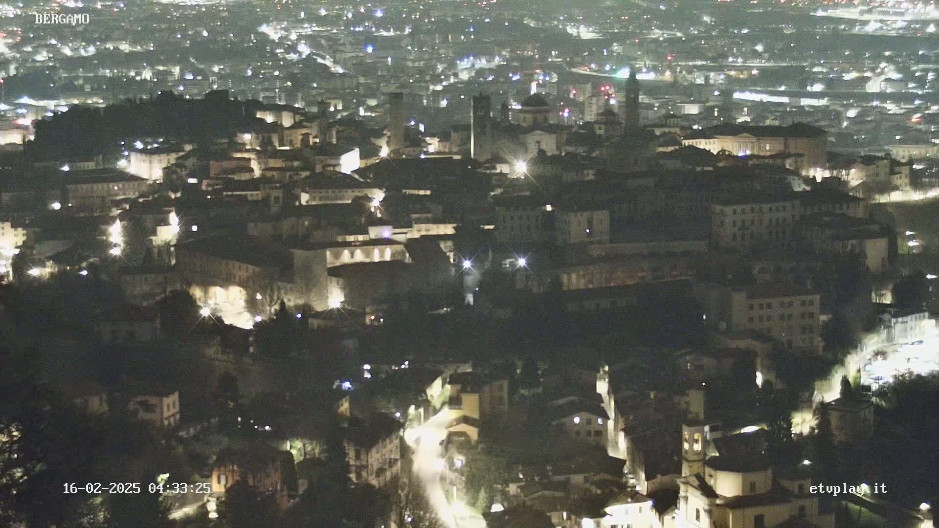 A nighttime, high-angle view of a city illuminated by streetlights, nestled among dark hills.