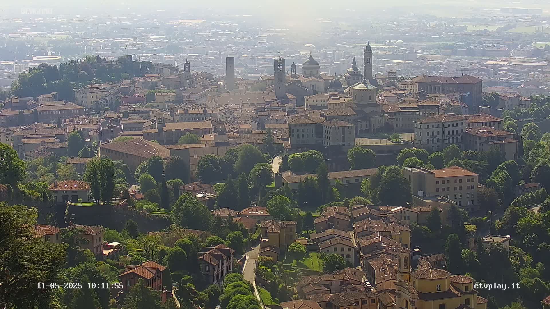 A hazy, sunny day reveals a sprawling cityscape of numerous buildings nestled amongst lush green trees.