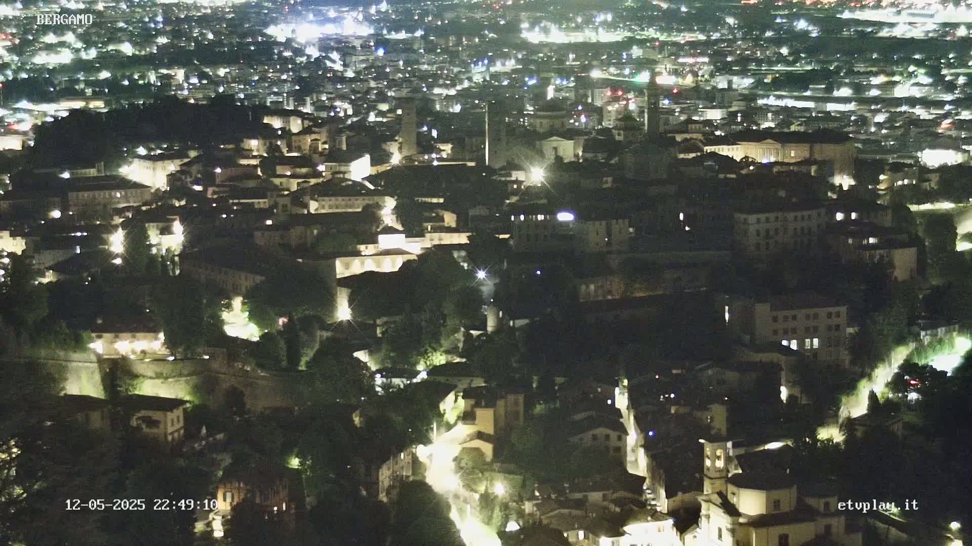 A nighttime, high-angle view of a city with many buildings illuminated, nestled among dark green trees.