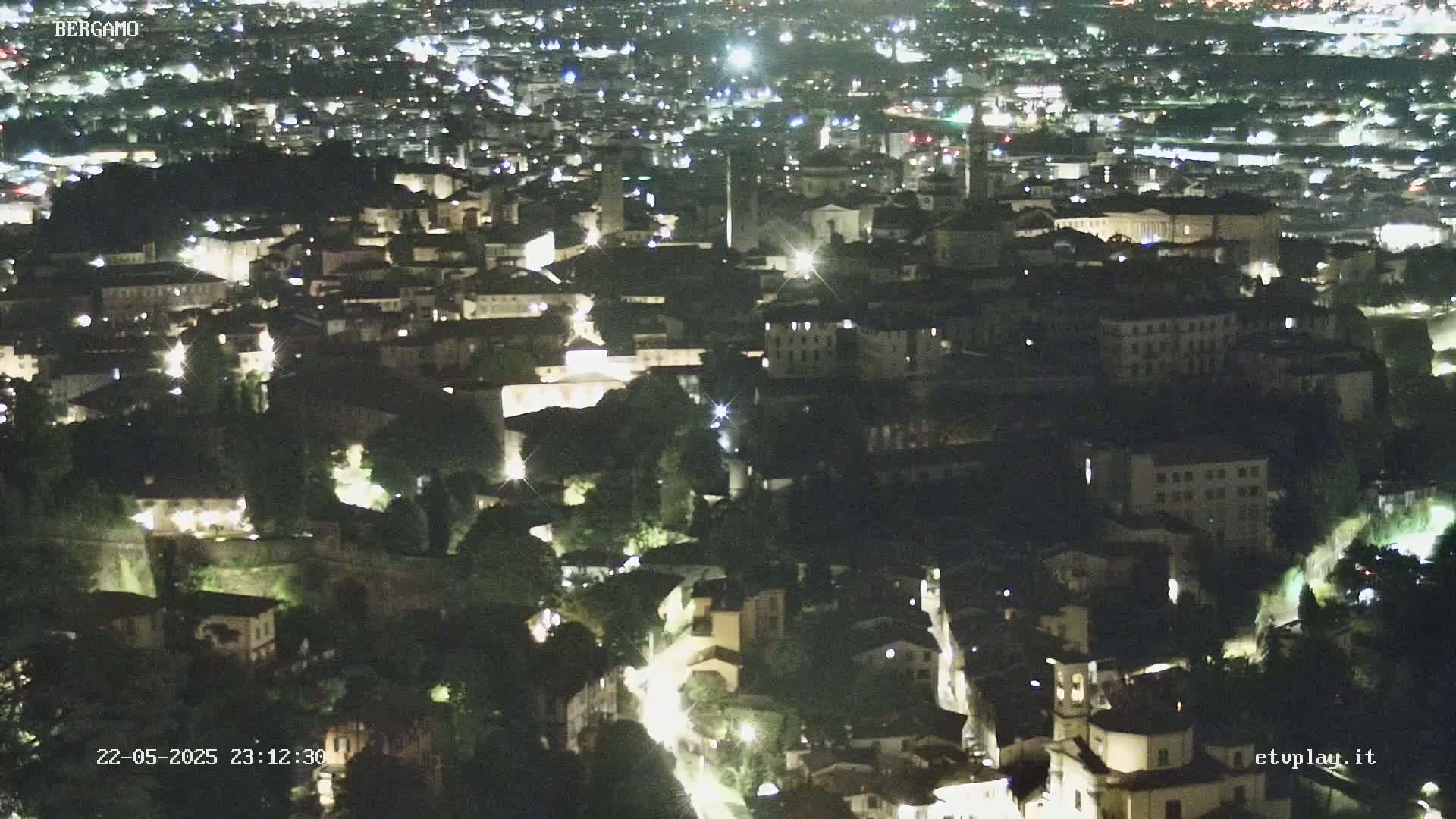 A nighttime aerial view shows a city with many buildings illuminated by streetlights, surrounded by dark trees and foliage under a clear sky.