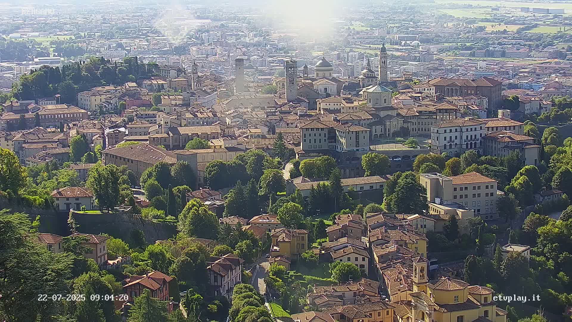An aerial view of a city on a sunny day, showing numerous buildings nestled among lush green trees.