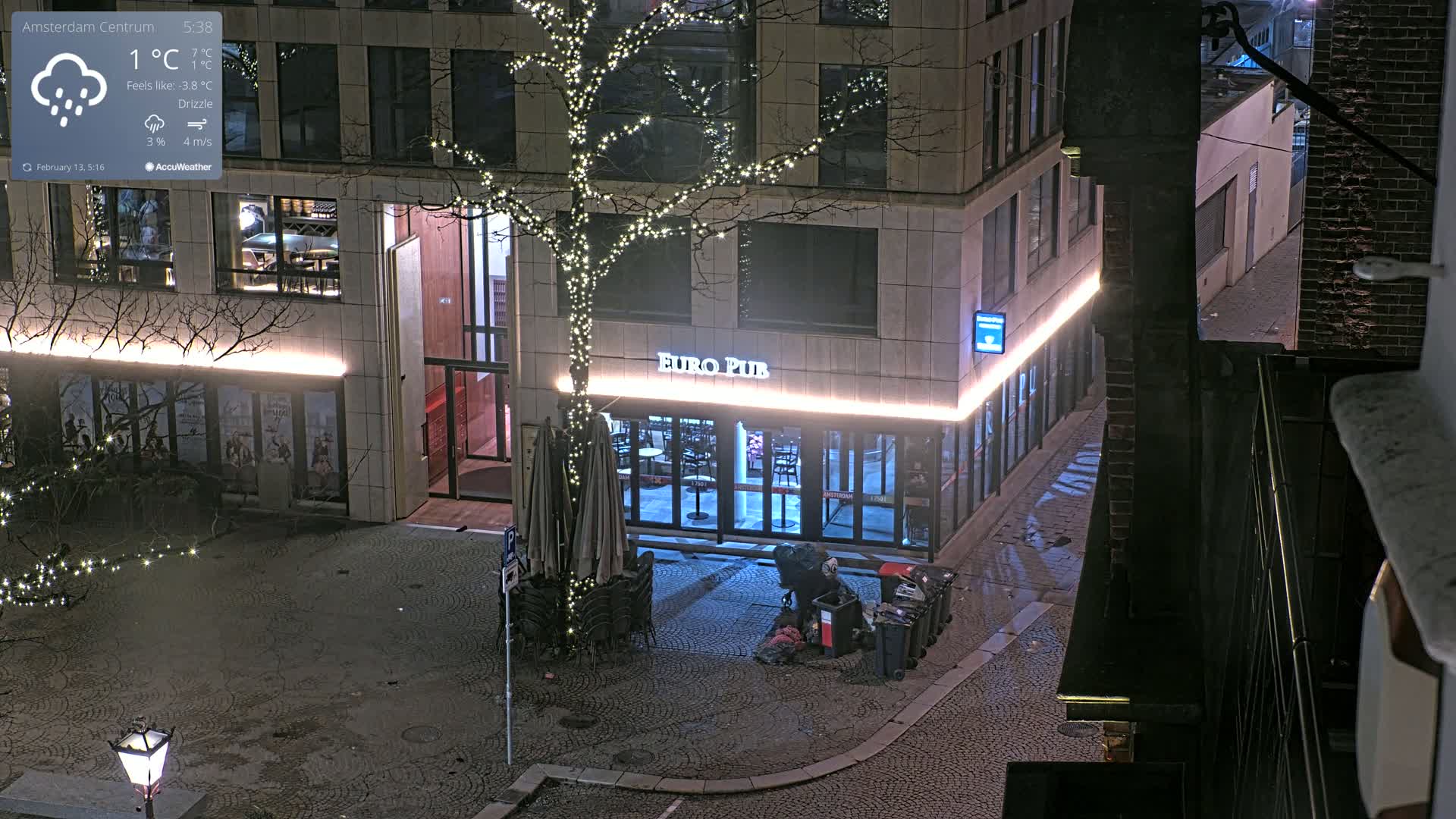 A nighttime street scene shows a Euro Pub with illuminated windows and outdoor seating, under a drizzling sky, with a tree decorated with string lights.
