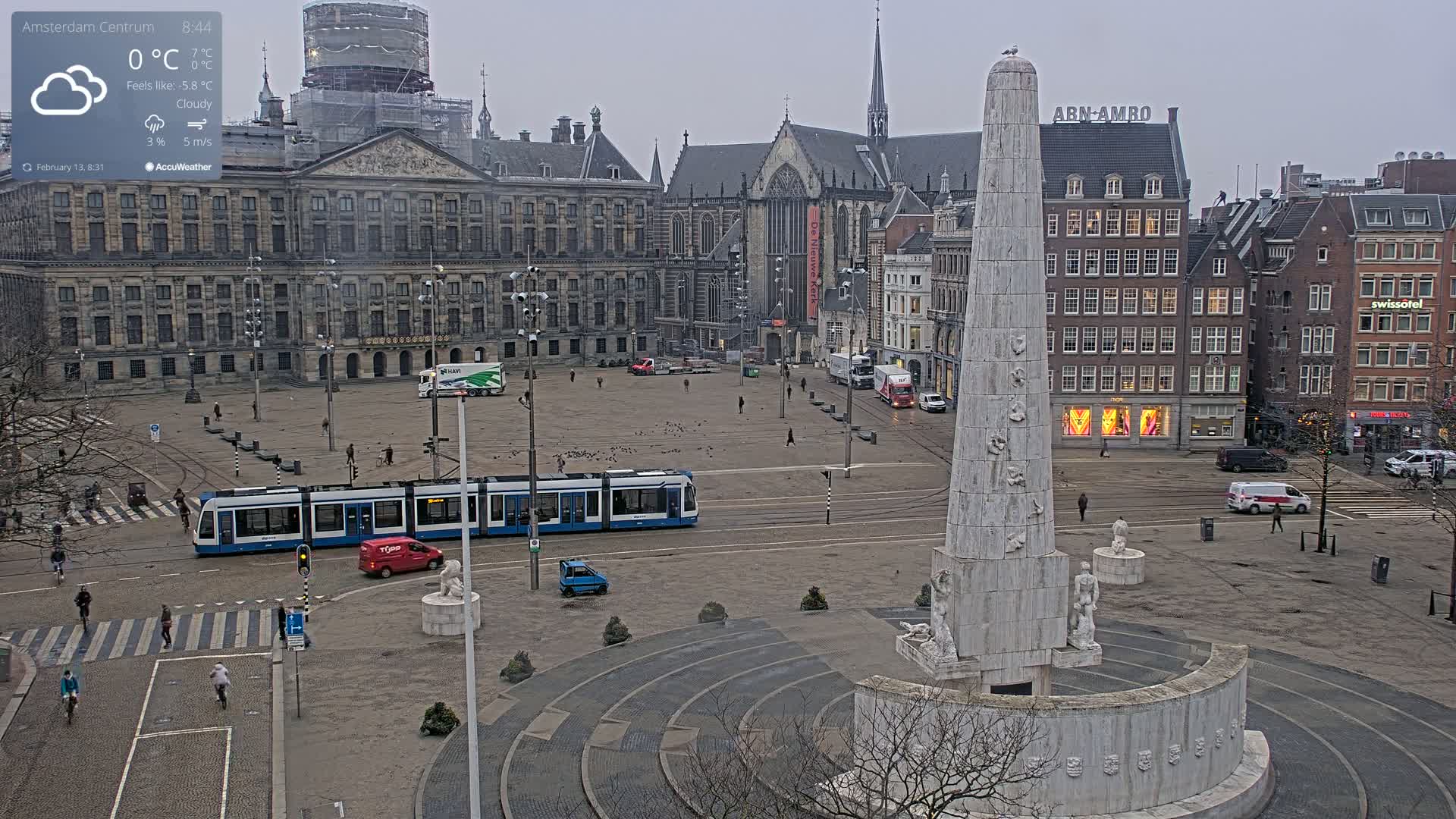 A cloudy, 0°C day in a city square features a tram, a monument, and several buildings including a large palace, all under a gray sky.