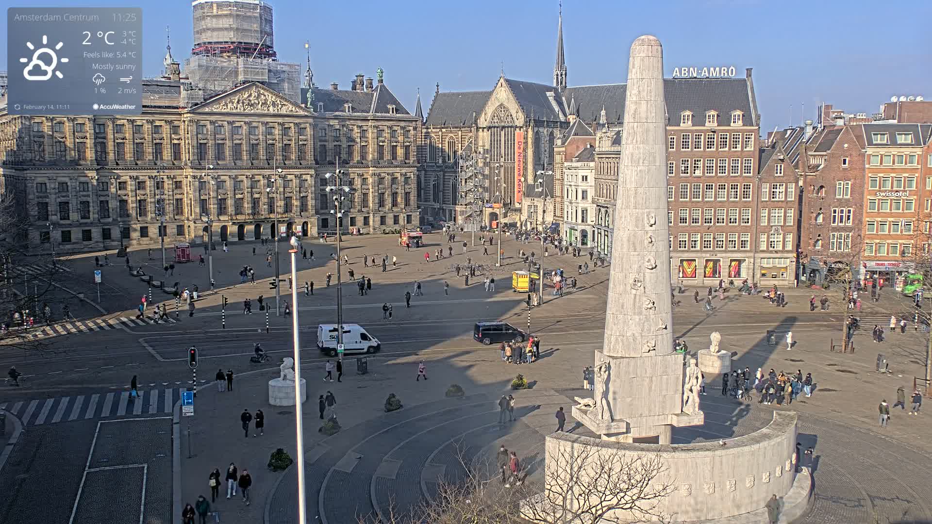A mostly sunny, cold day in a large city square with a tall monument at its center, surrounded by historical buildings and people walking.