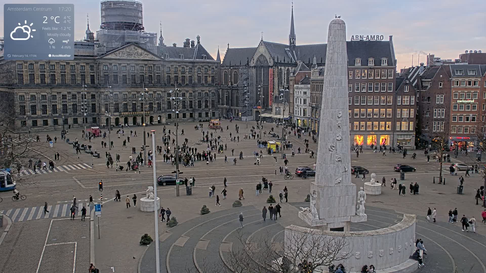 A mostly cloudy, cool day in a large city square with a tall monument at its center, surrounded by pedestrians, buildings, and streetcars.