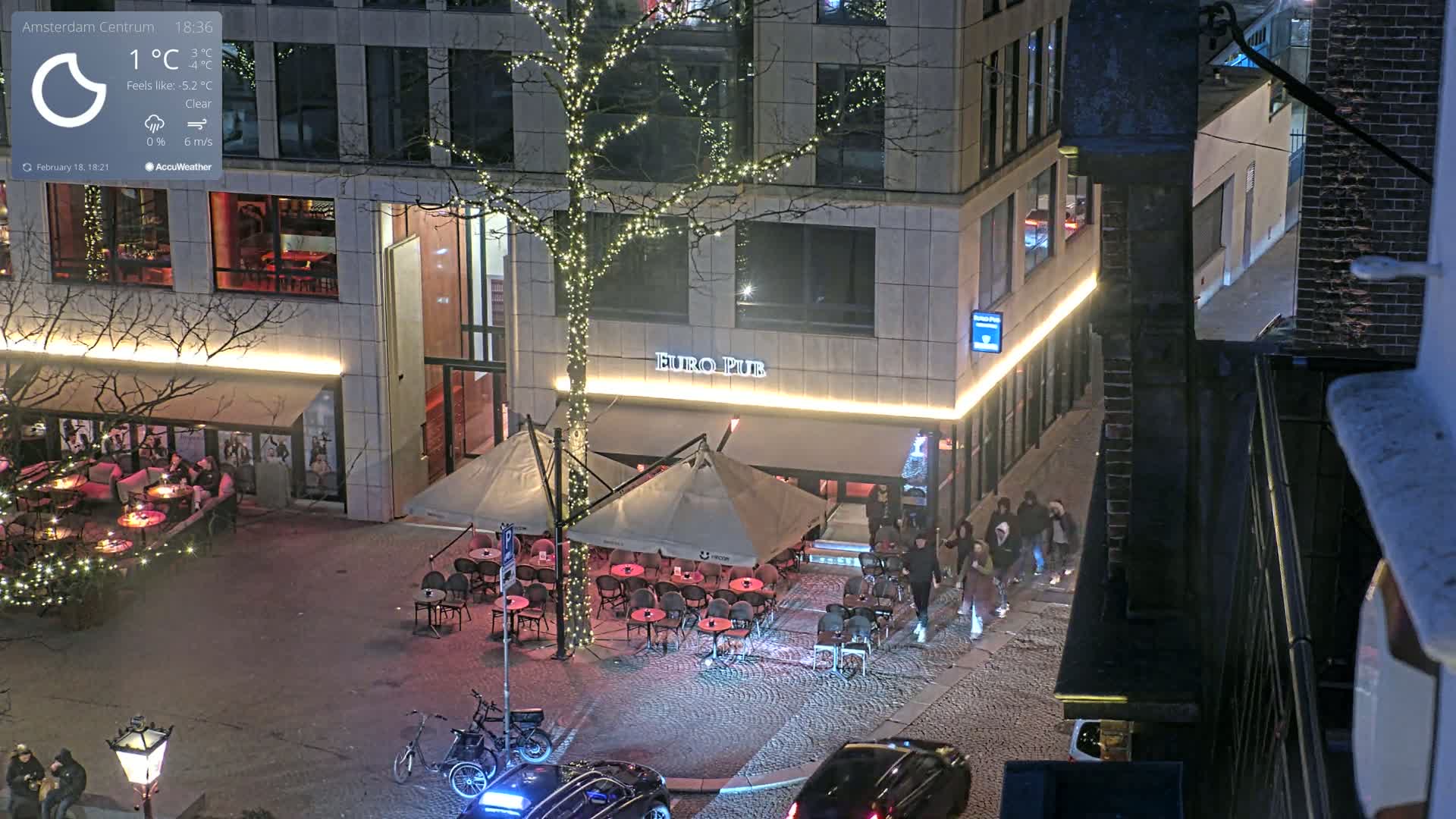 A nighttime aerial view of a city square shows a Euro Pub with outdoor seating under umbrellas, a few pedestrians walking by, and cars parked nearby under a clear sky.