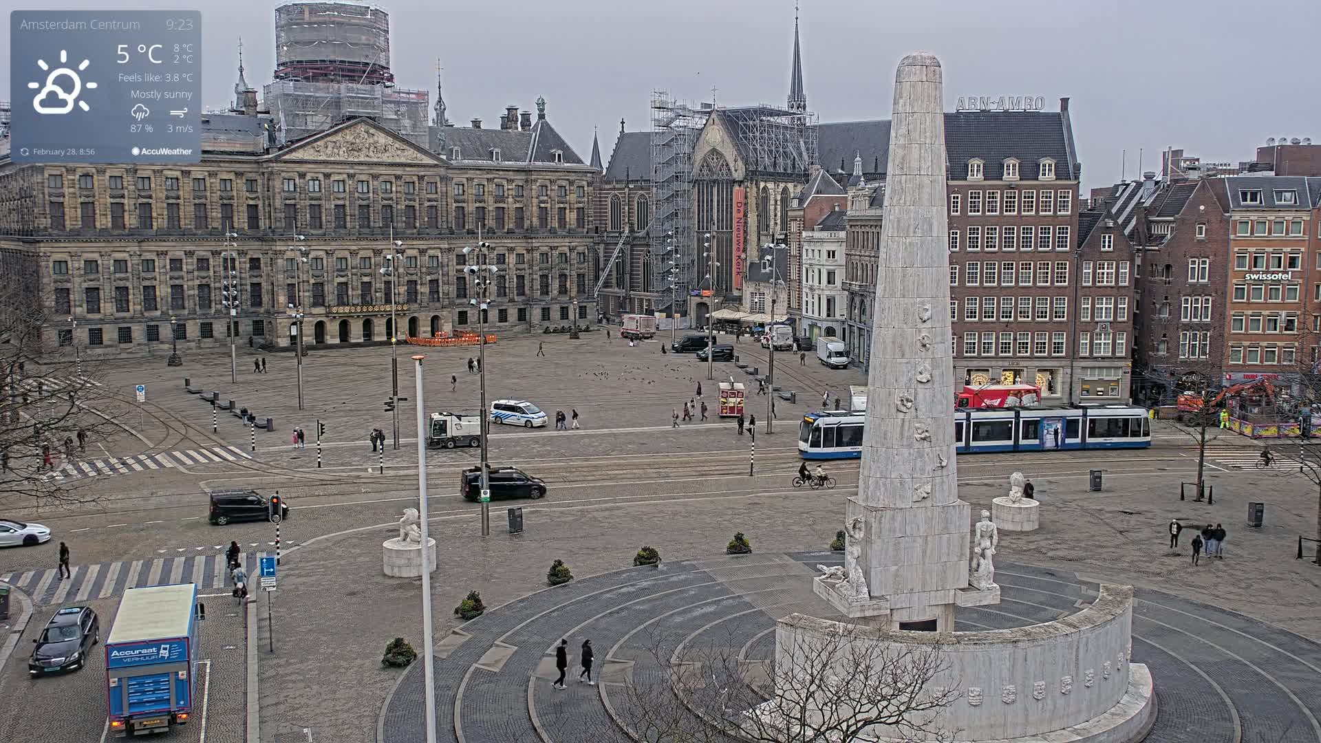 A mostly sunny, cool city square with a large monument at its center, surrounded by buildings, including a large palace and a church under construction, with cars and pedestrians present.
