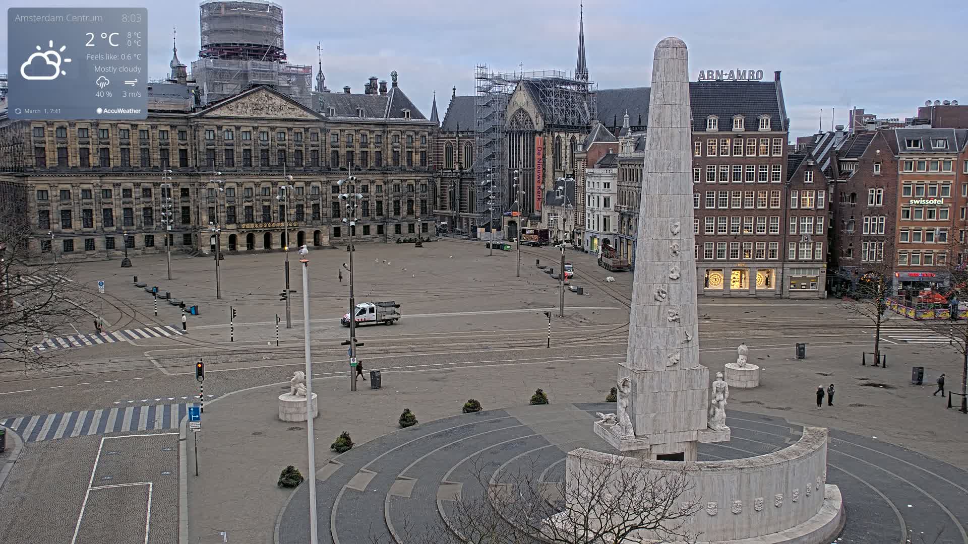 A mostly cloudy, cool day in a large, mostly empty European square, centered on a tall, white monument, with a large palace and several buildings surrounding it.
