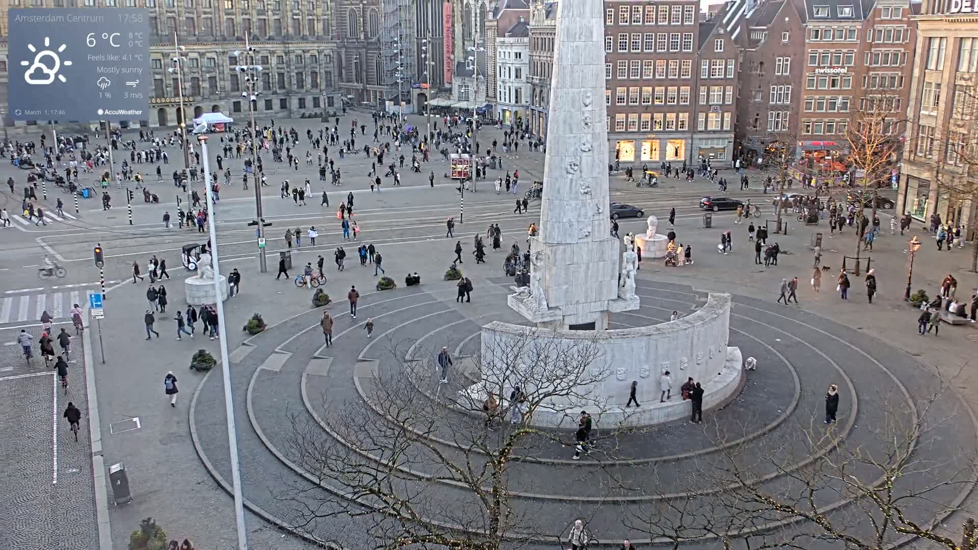 A mostly sunny, cool day in a city square, where numerous people are walking around a large, white monument with circular pathways.