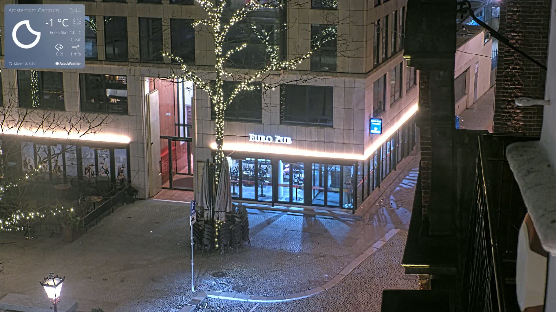 A nighttime, clear-weather view of a city square with a Euro Pub, a tree with string lights, and buildings.