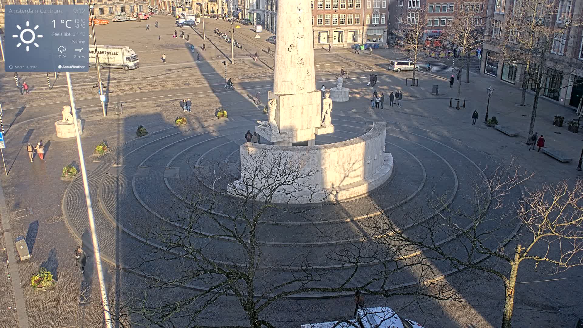 A sunny, but cool day in a city square with a large monument at its center, surrounded by sparsely populated streets and buildings.