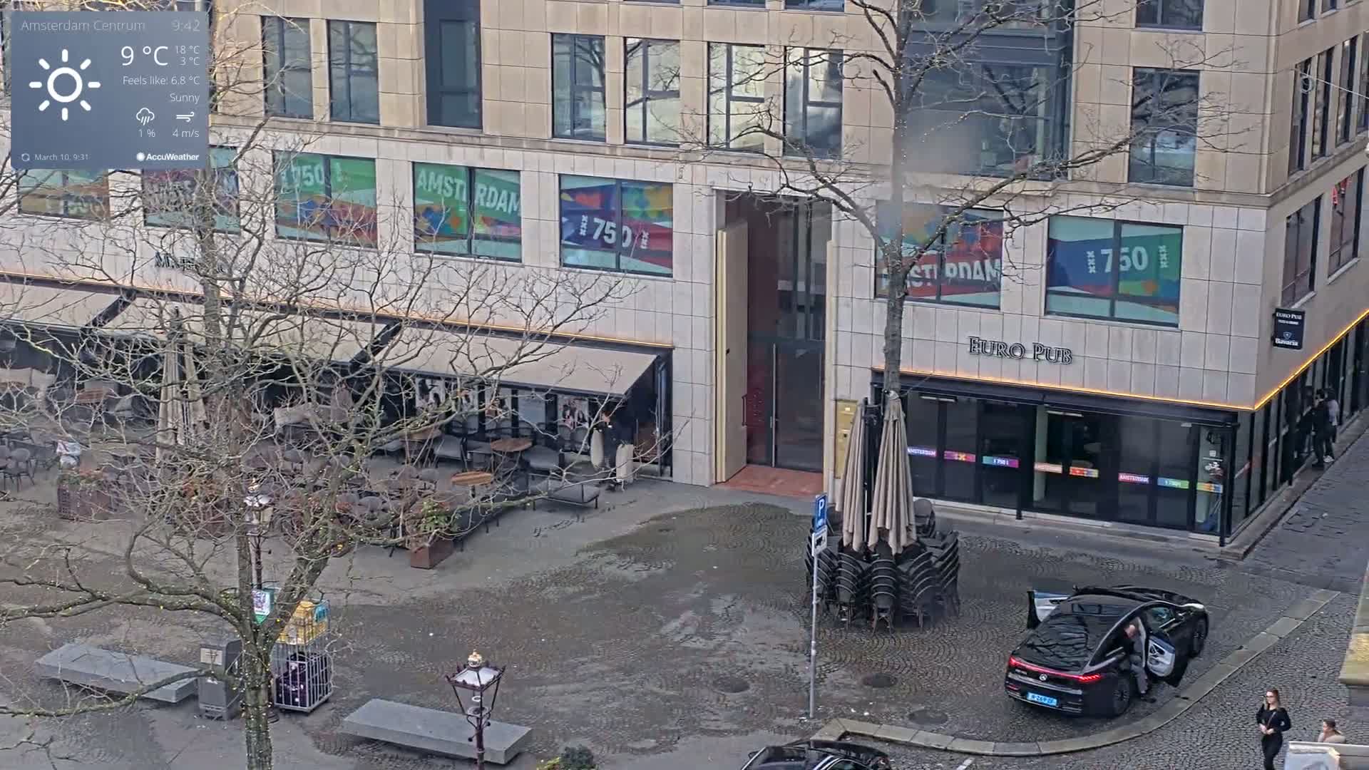 A sunny, slightly breezy city scene shows a dark-colored car parked near a Euro Pub with outdoor seating, under a mostly bare tree.