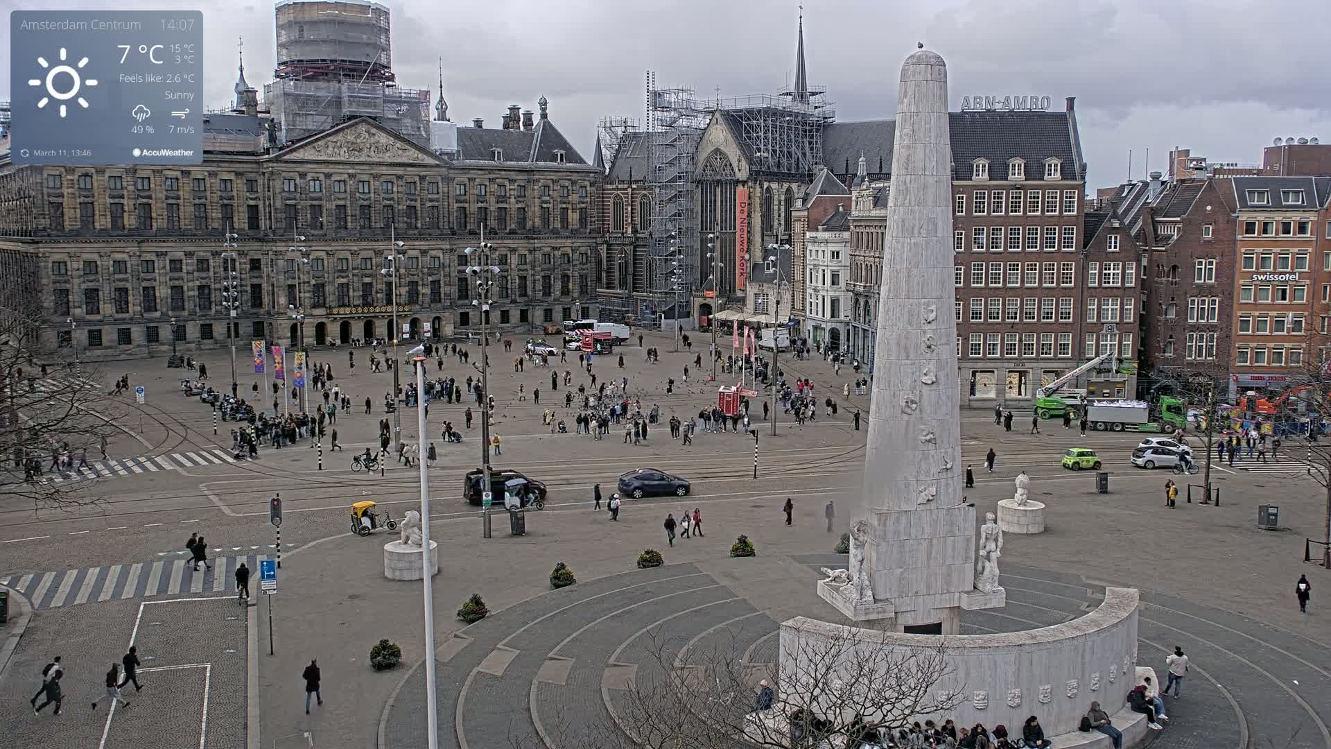 A sunny but cool day in a large European city square, centered on a tall, ornate monument, with people walking around, and buildings surrounding the square, one of which is under construction.