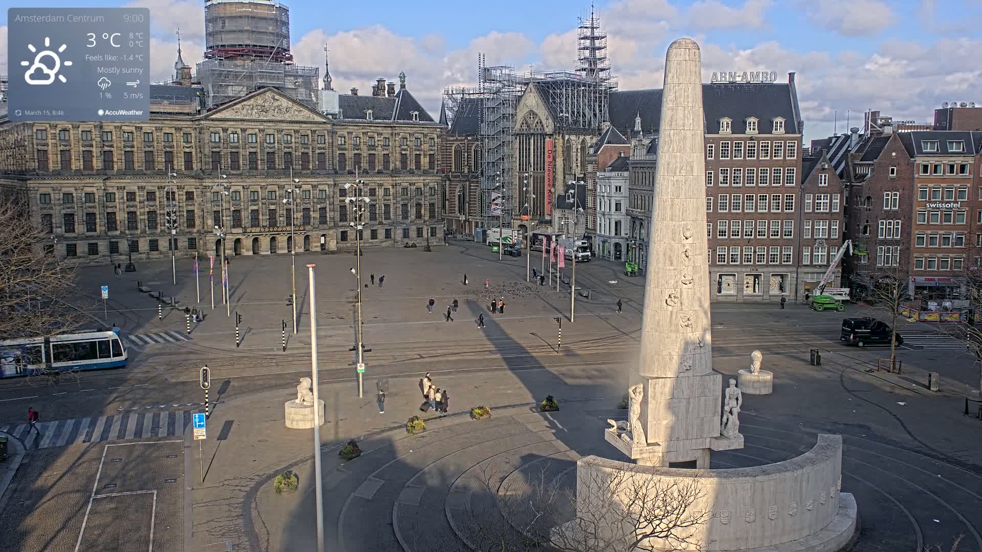 A mostly sunny city square, featuring a tall monument, buildings, and a few pedestrians, with a tram visible in the distance.