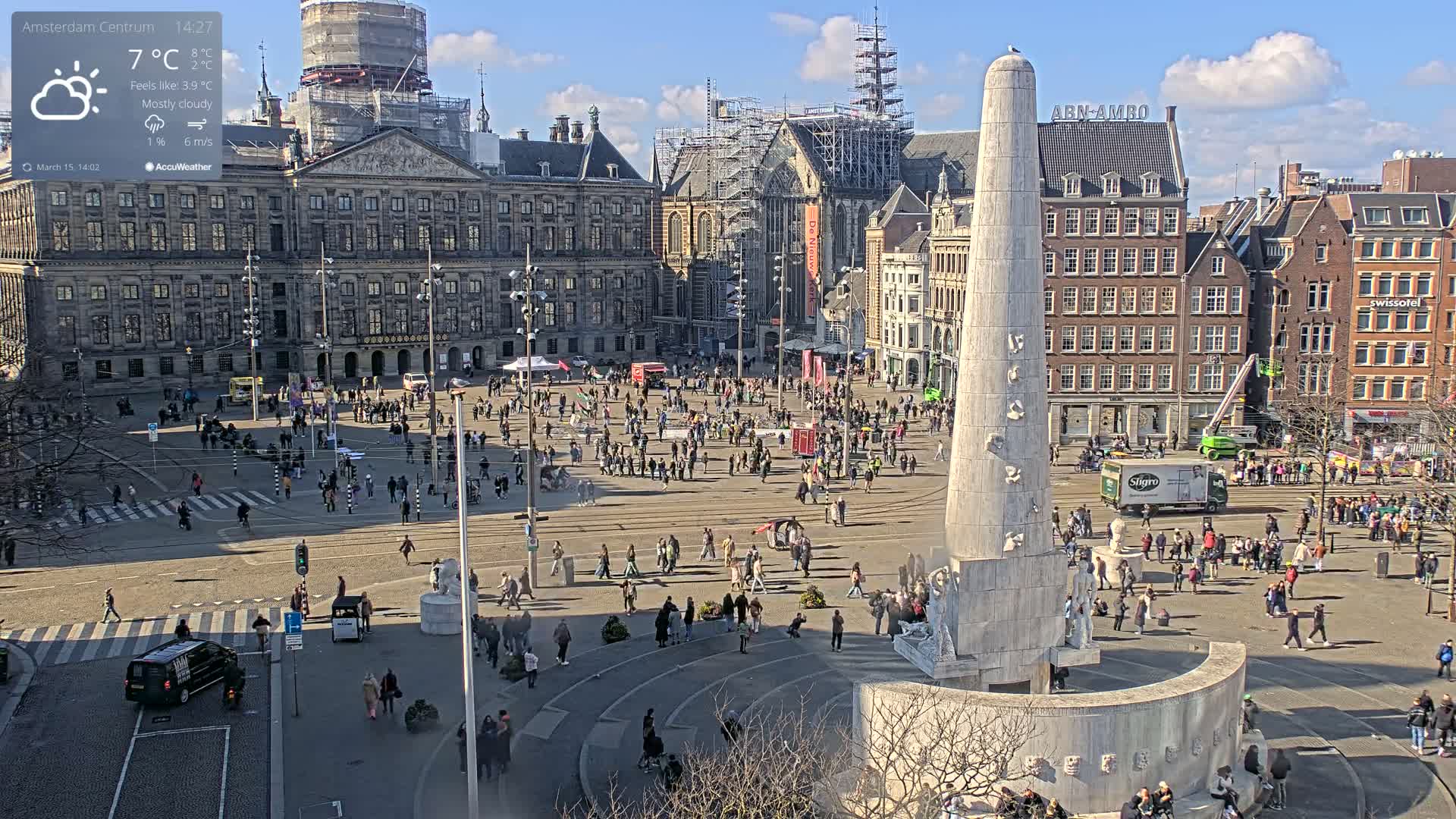 A mostly cloudy, sunny day in a large European city square centered around a tall, slender monument, with many people walking around and several buildings surrounding the square, including one under construction.