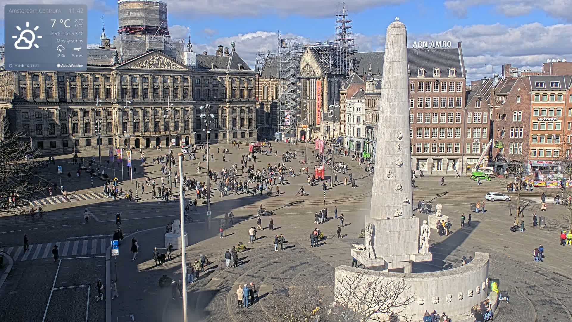 A mostly sunny city square with a tall monument at its center, surrounded by numerous buildings, including a large palace and a church under construction.