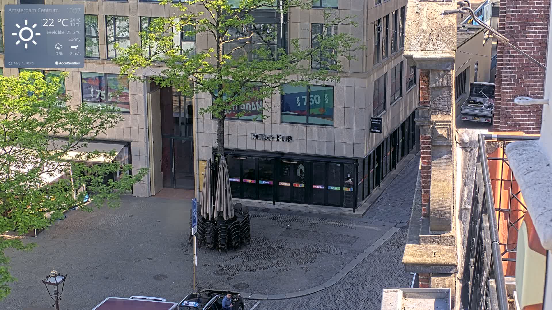 A sunny city square with a Euro Pub, a tree, and several chairs stacked under umbrellas, viewed from above.