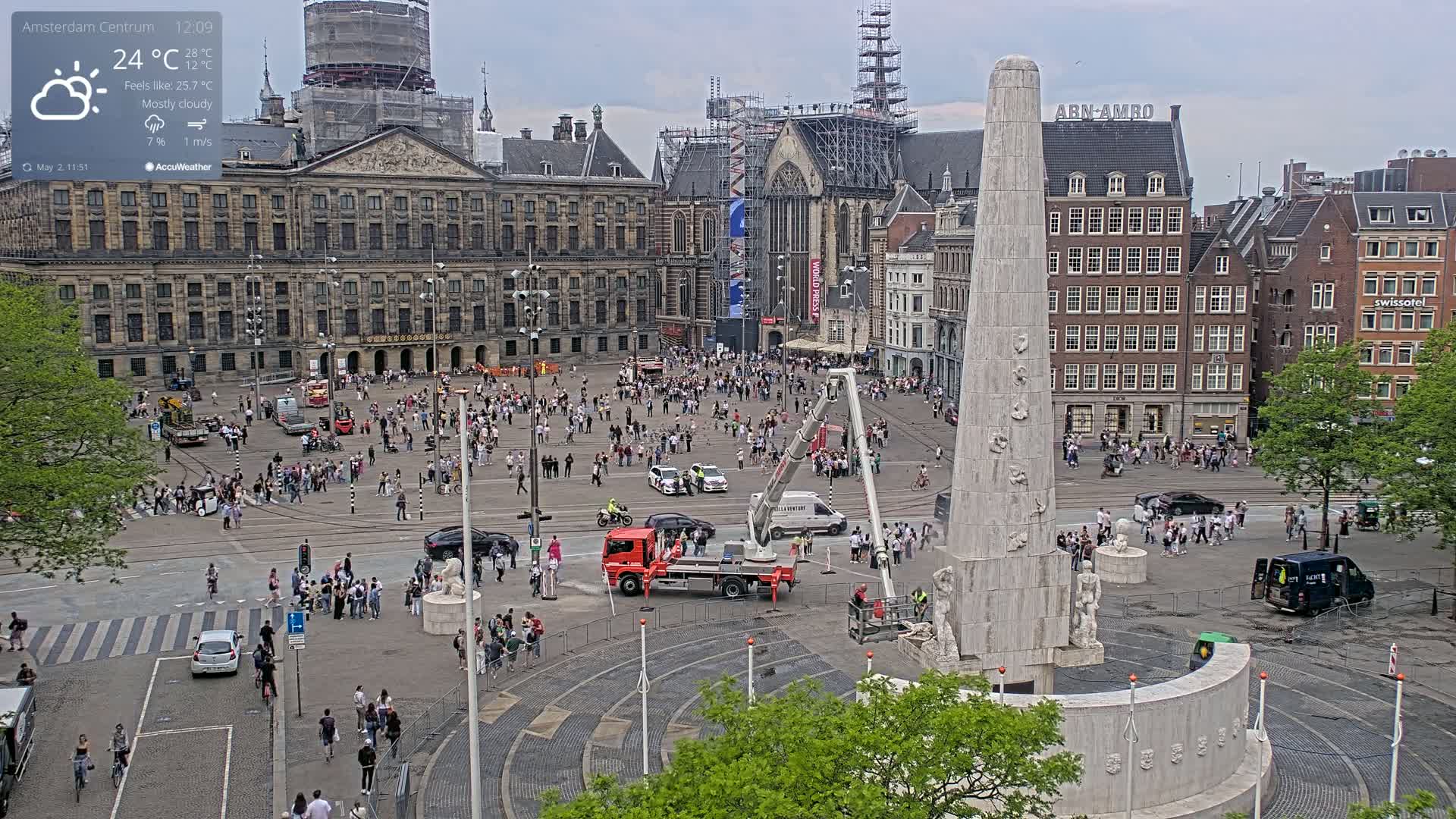 A mostly cloudy day reveals a large, crowded city square with a tall monument under construction, surrounded by historical buildings.