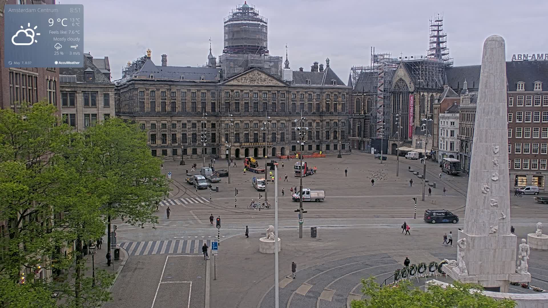 A mostly cloudy day reveals a large city square with a palace under construction, a monument, and several vehicles.
