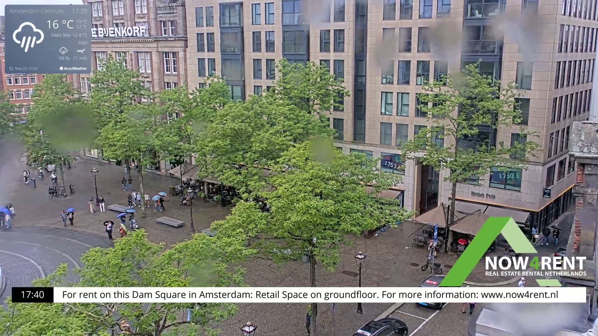 A rainy square in a city, with people carrying umbrellas and walking amongst buildings and green trees.